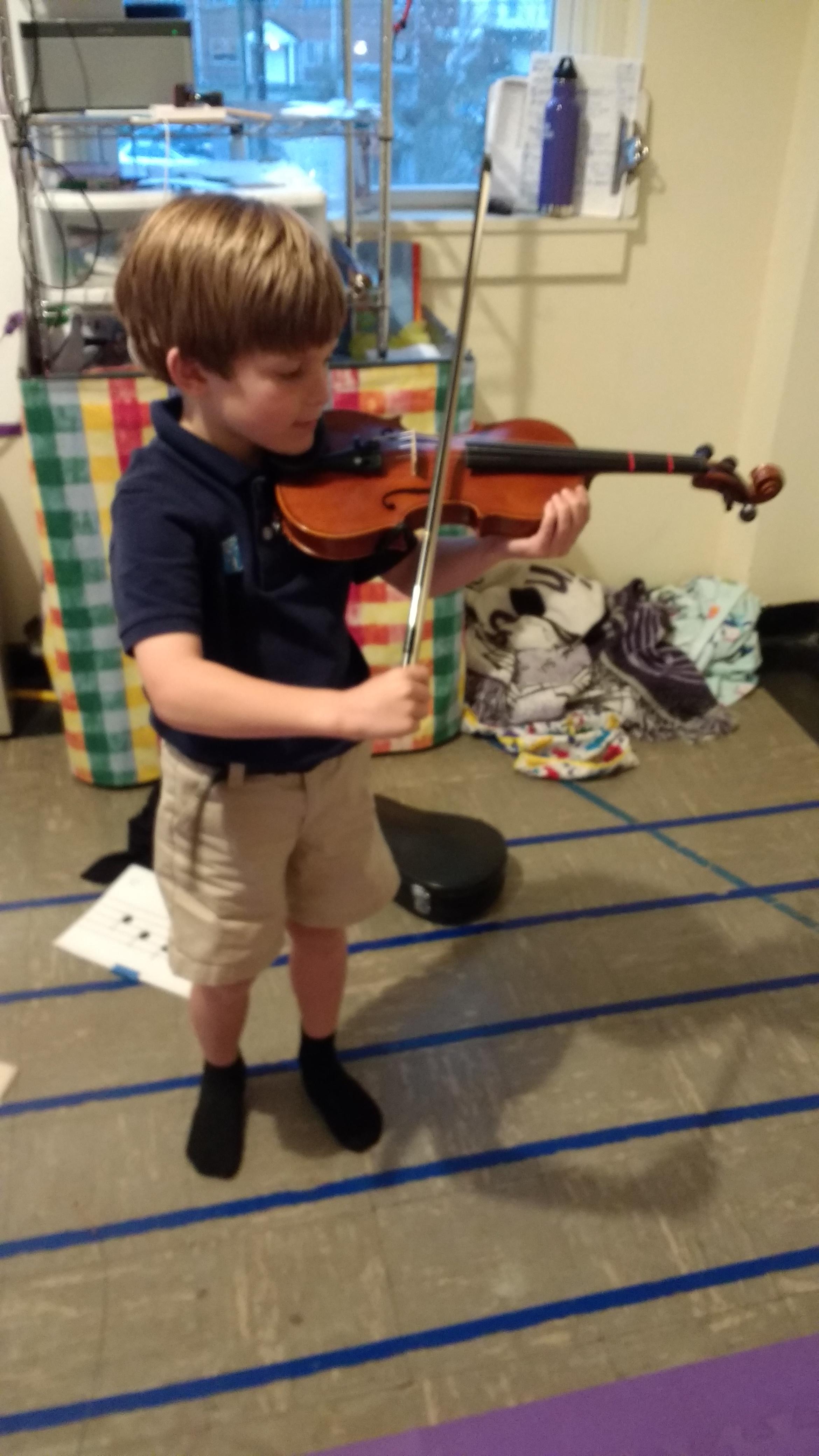 Hands on experience promotes lifelong instrests. Maybe he will choose violin or maybe play French Horn in an orchestra!